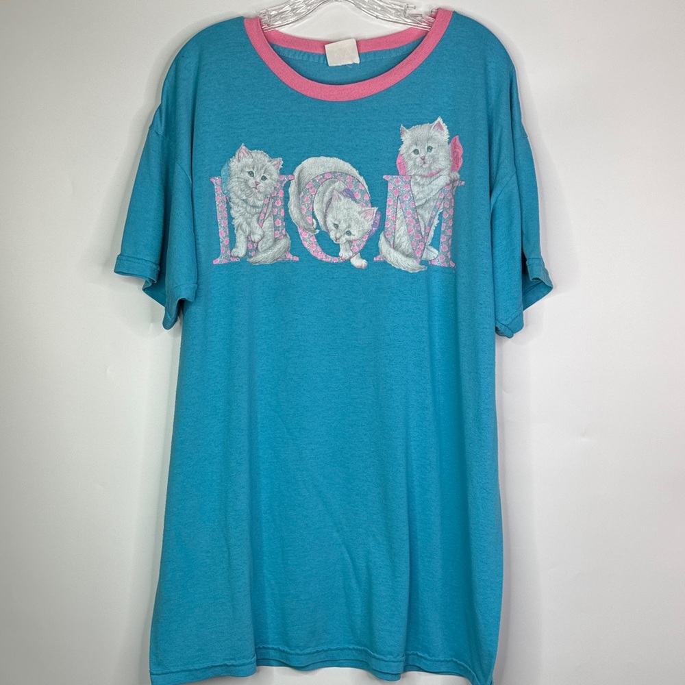 Vintage Simply Basic Cat Kitty Blue Sleep Shirt OS